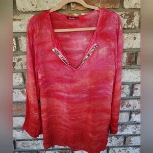 Barbara Lesser Tie Dye Beaded Neckline Pullover Tunic Top S Resort Beach Cover